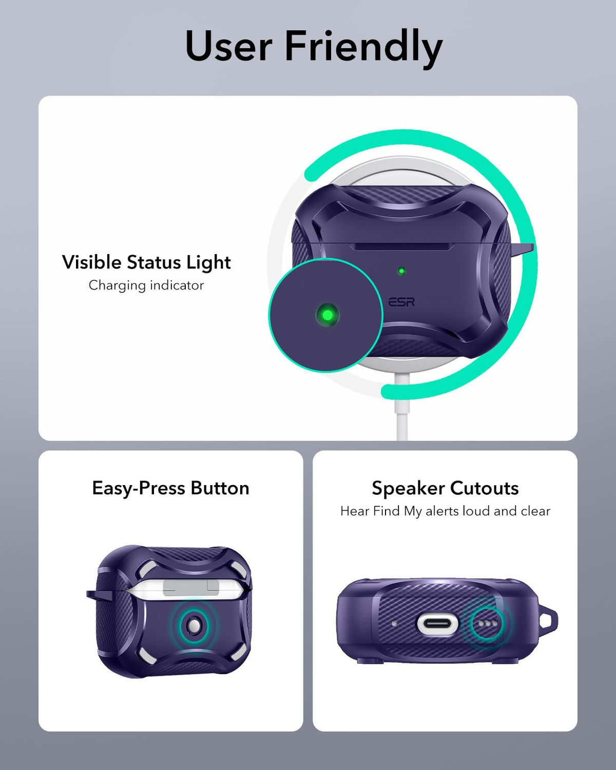 ESR purple AirPods Pro 2 case on wireless charger showing MagSafe charging