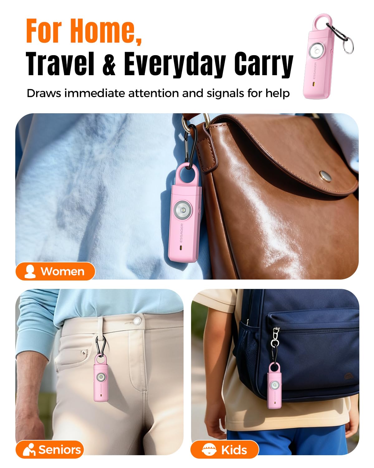 ESSAGER pink alarm attaches to bags or belts for easy access.