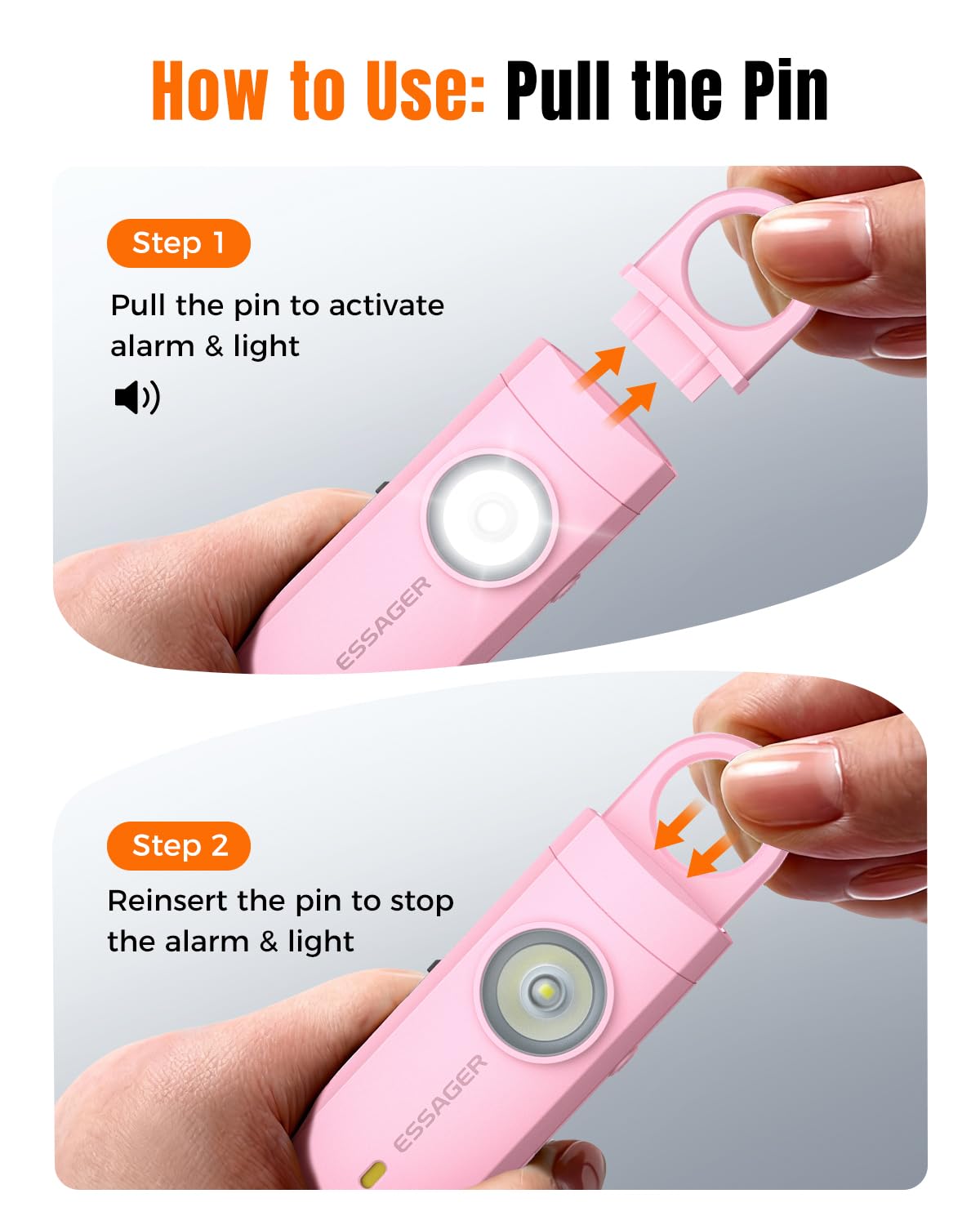 ESSAGER pink alarm compact size ideal for everyday carry.