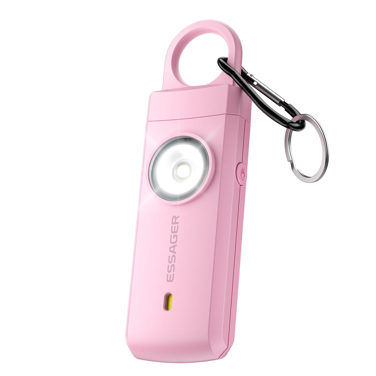 ESSAGER pink personal safety alarm front view for quick access during emergencies.