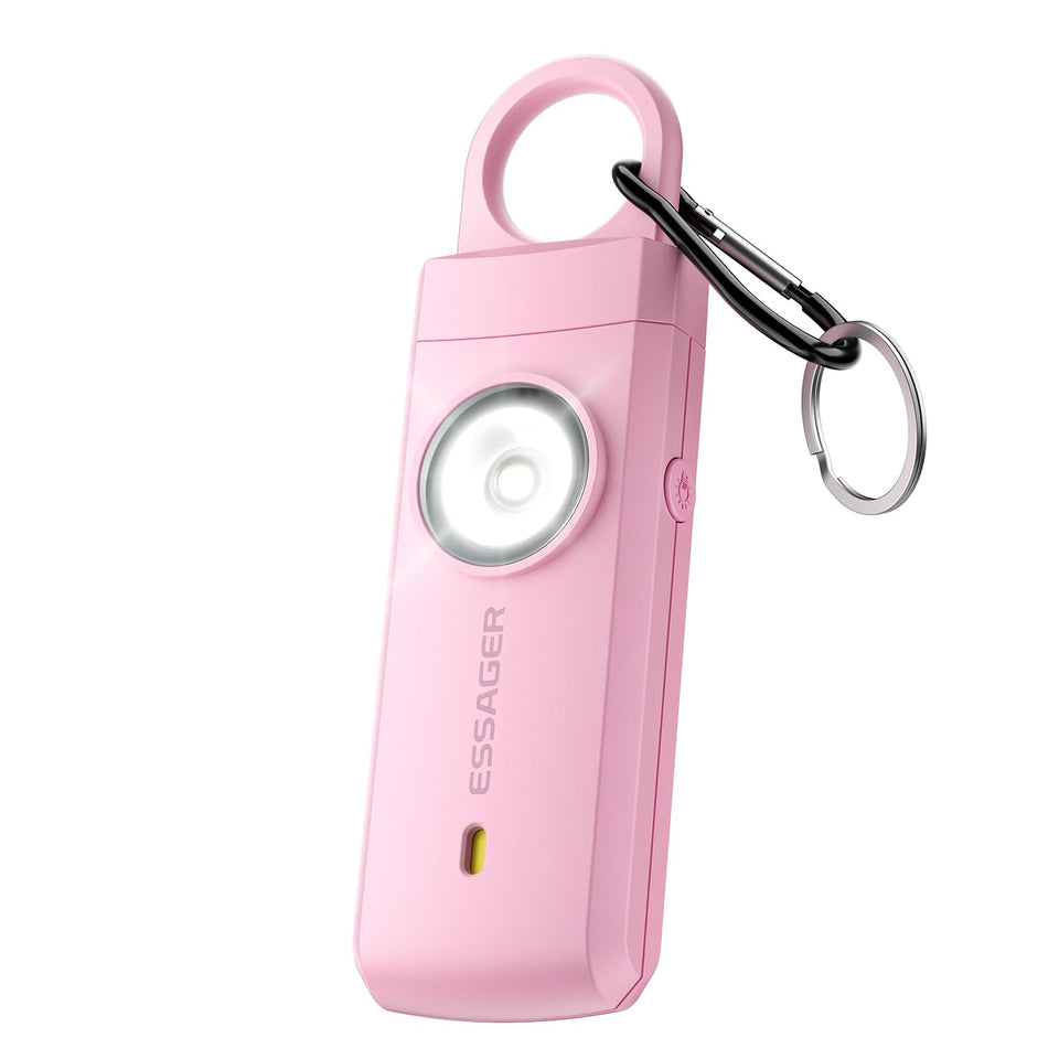 ESSAGER pink personal safety alarm front view for quick access during emergencies.