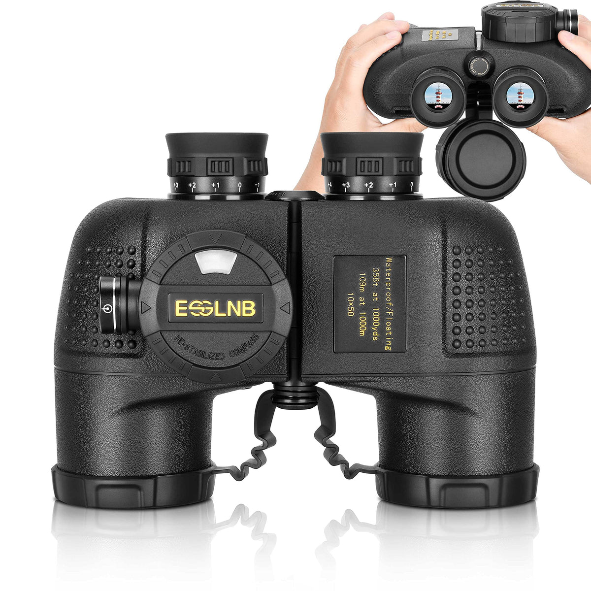 ESSLNB 10x50 marine binoculars front view for rugged sea navigation.