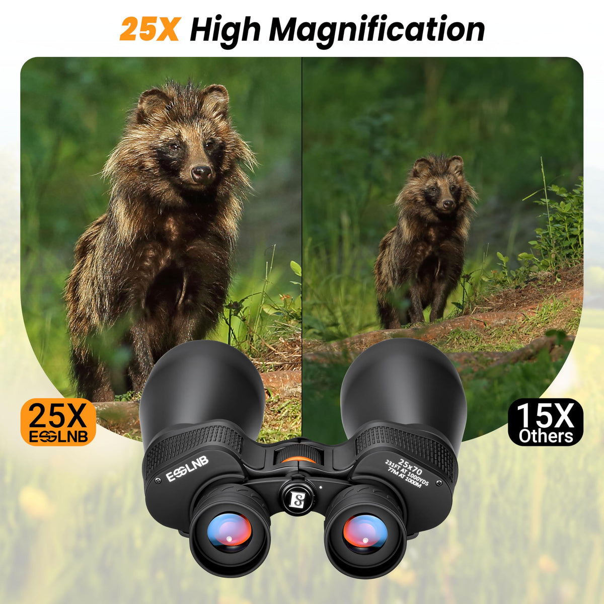 ESSLNB 25x70 binoculars with large objective for clearer night sky and long-distance objects.