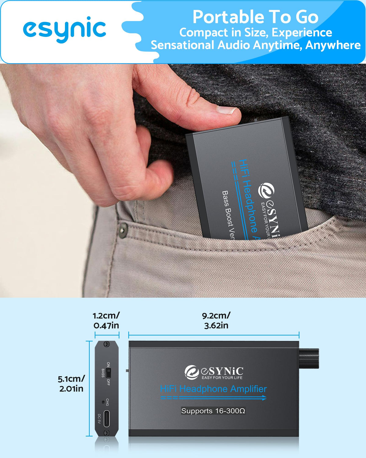 Esynic compact size fits in pocket or glove compartment.