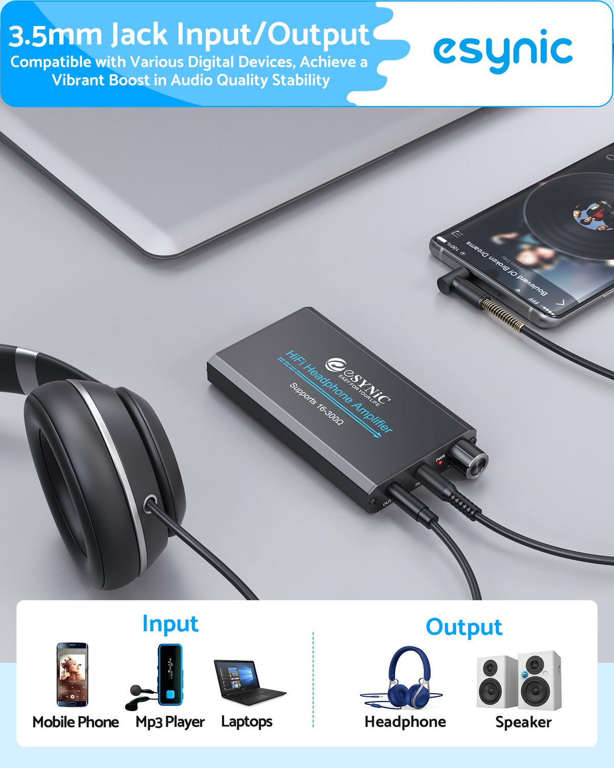 Esynic in-car AUX boost for louder, clearer car stereo playback.