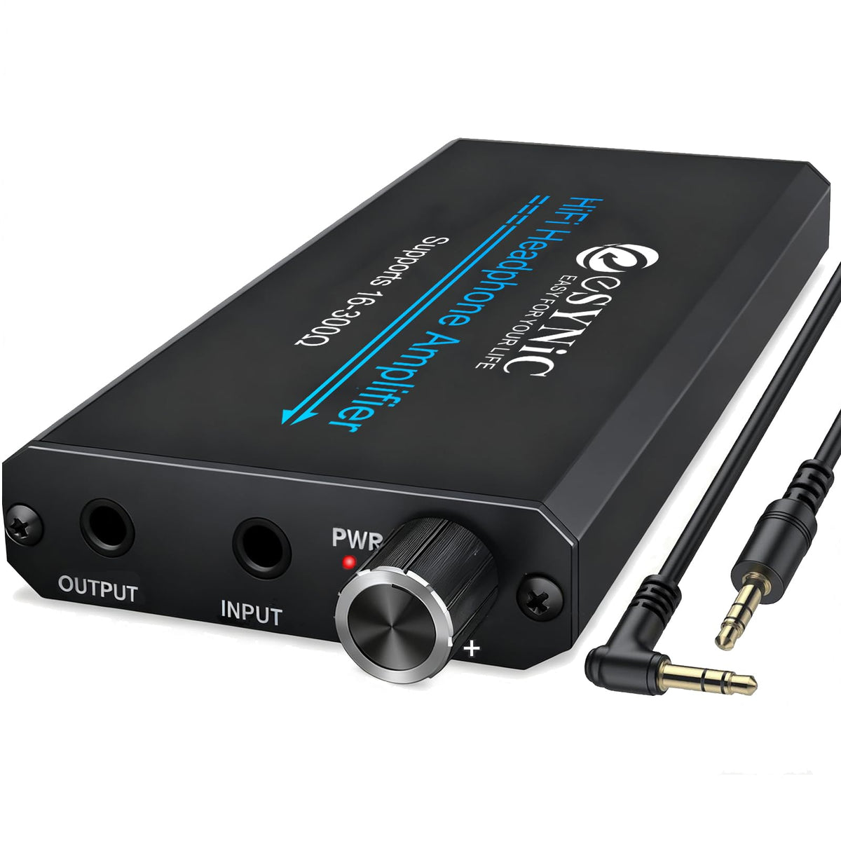 Esynic portable headphone amp front view boosts volume and clarity for high-impedance headphones.