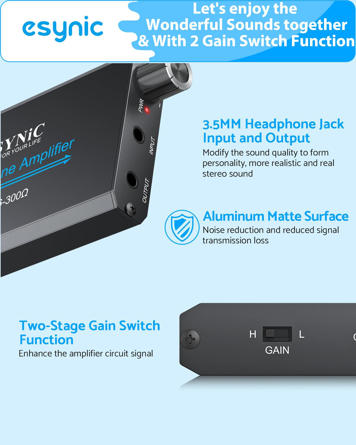 Esynic amp side ports showing 3.5mm input/output for versatile connections.