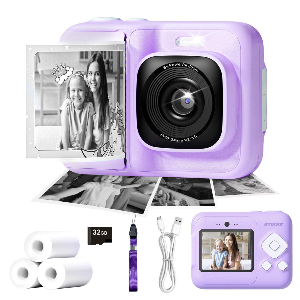ETIKEZ Kids Camera front view in purple for creative photography.