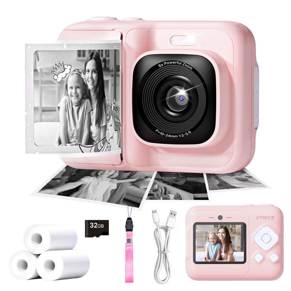 ETIKEZ kids camera front view showing controls and easy-grip shell for creative play