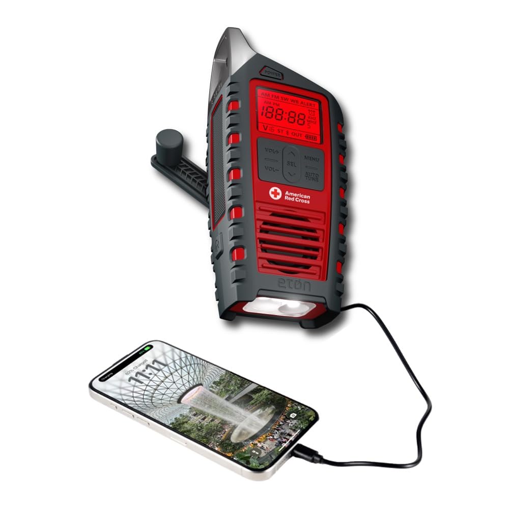 Eton Odyssey front view with NOAA display for quick weather alerts in any outdoor setting.