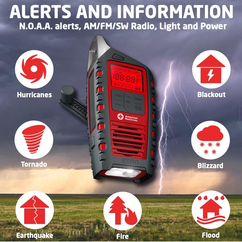 Eton Odyssey hand crank keeps radio powered during outages and adventures.