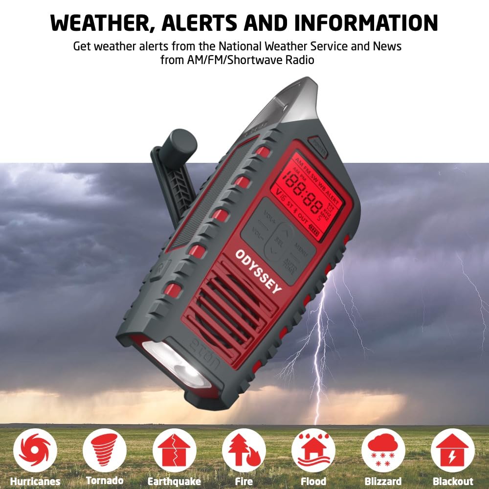 Eton Odyssey radio back view showing controls and rugged design for outdoors.