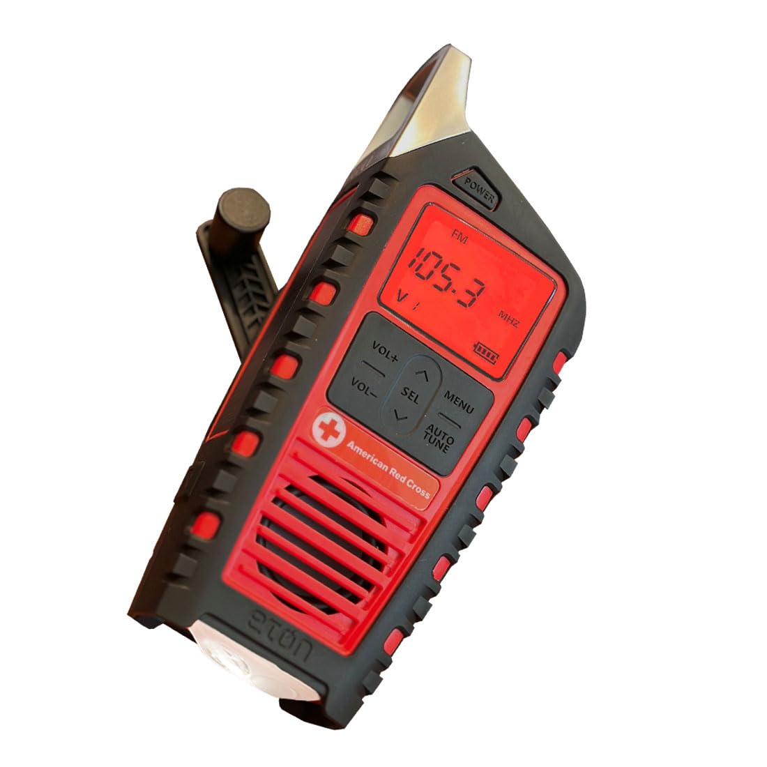 Eton Odyssey radio front view shows compact all-band emergency radio with NOAA alerts for storms.