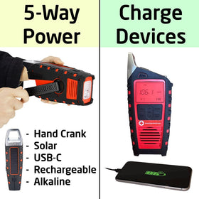 Eton Odyssey radio hand crank provides off-grid power during outages and outdoor adventures.