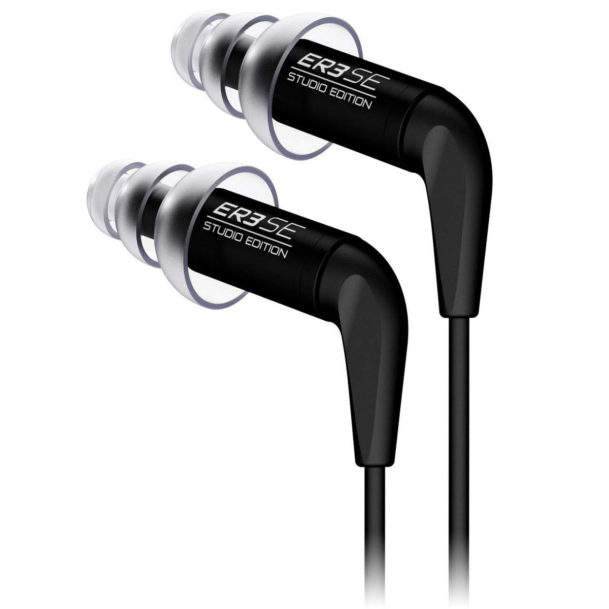 Etymotic ER3SE earphone with black shell showing precise machining