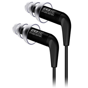 Etymotic ER3SE earphone with black shell showing precise machining