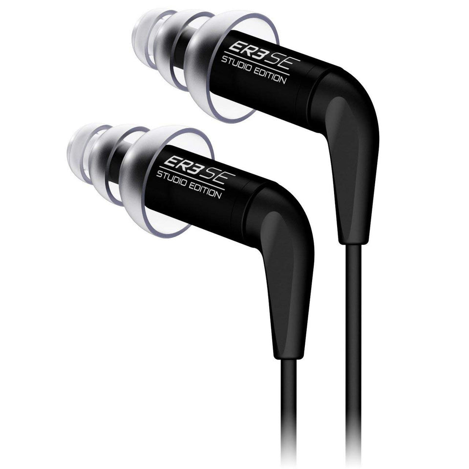 Etymotic ER3SE earphone with black shell showing precise machining