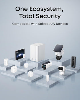 eufy E20 placed near HomeBase illustrating wireless range and integrated system alerting