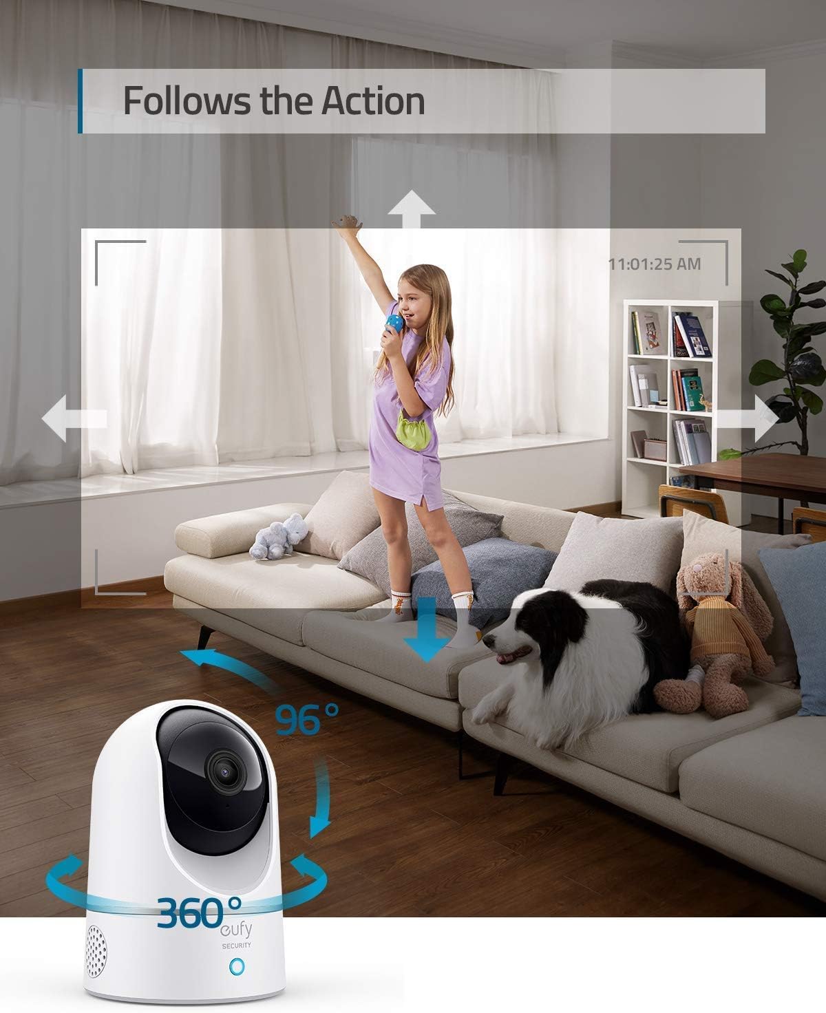eufy Security 2K indoor cam AI detects people or pets for selective recording.