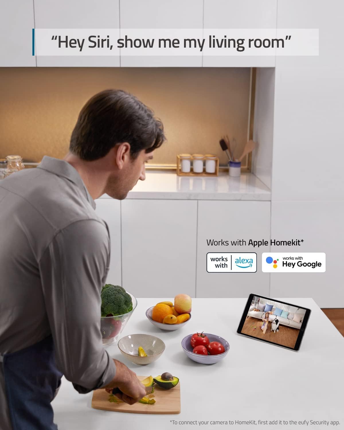 eufy Security 2K indoor cam works with HomeKit, Alexa, and Google Assistant.