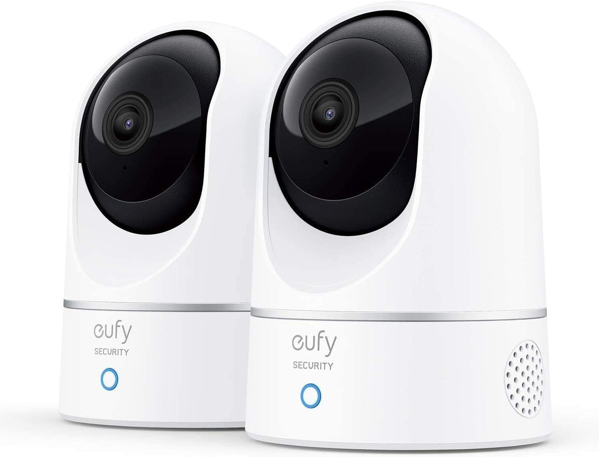 eufy Security 2K indoor cam front view with pan-tilt for full-room coverage.