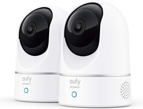 eufy Security 2K indoor cam front view with pan-tilt for full-room coverage.