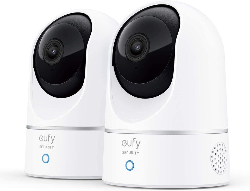 eufy Security 2K indoor cam front view with pan-tilt for full-room coverage.