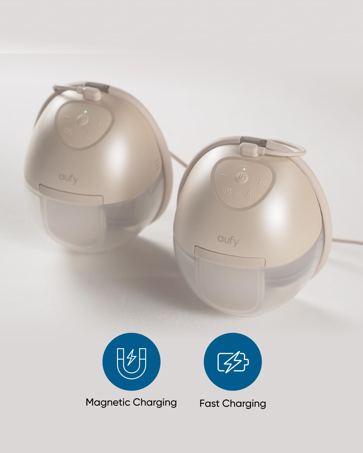 eufy Security charging cable in use with two S1 pumps highlighting hands-free simultaneous charging