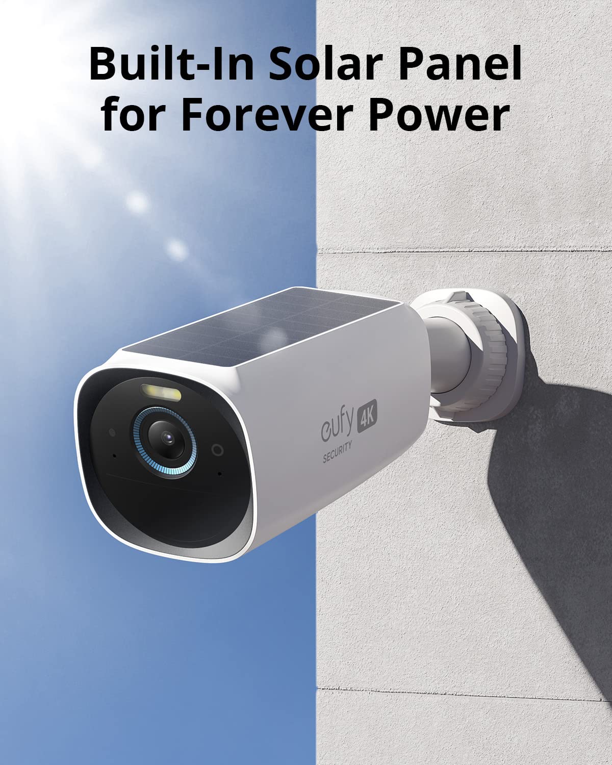 eufyCam3 solar panel powers outdoor monitoring continuously.