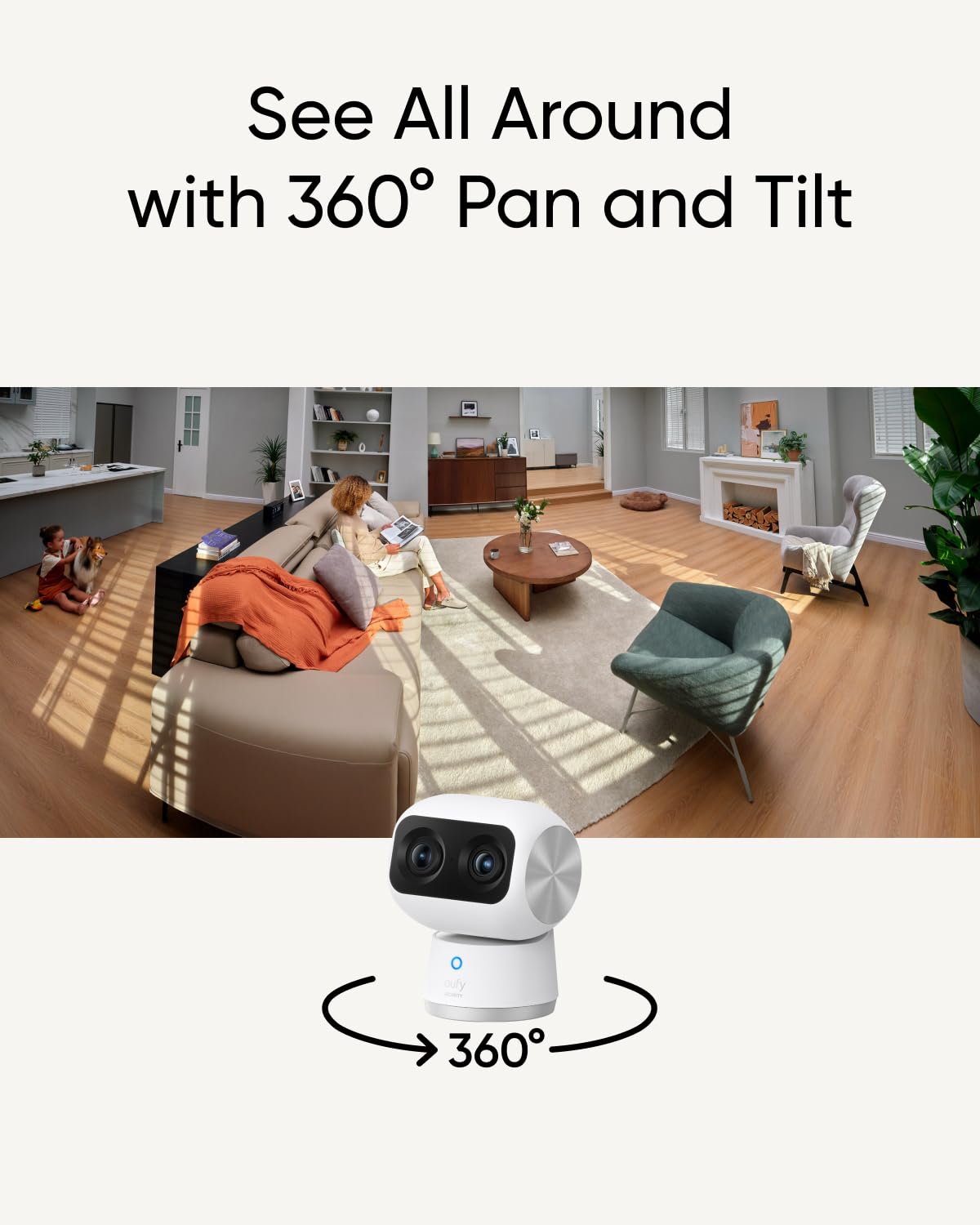 eufy Security Indoor Cam S350 AI tracking follows family members and pets smoothly.