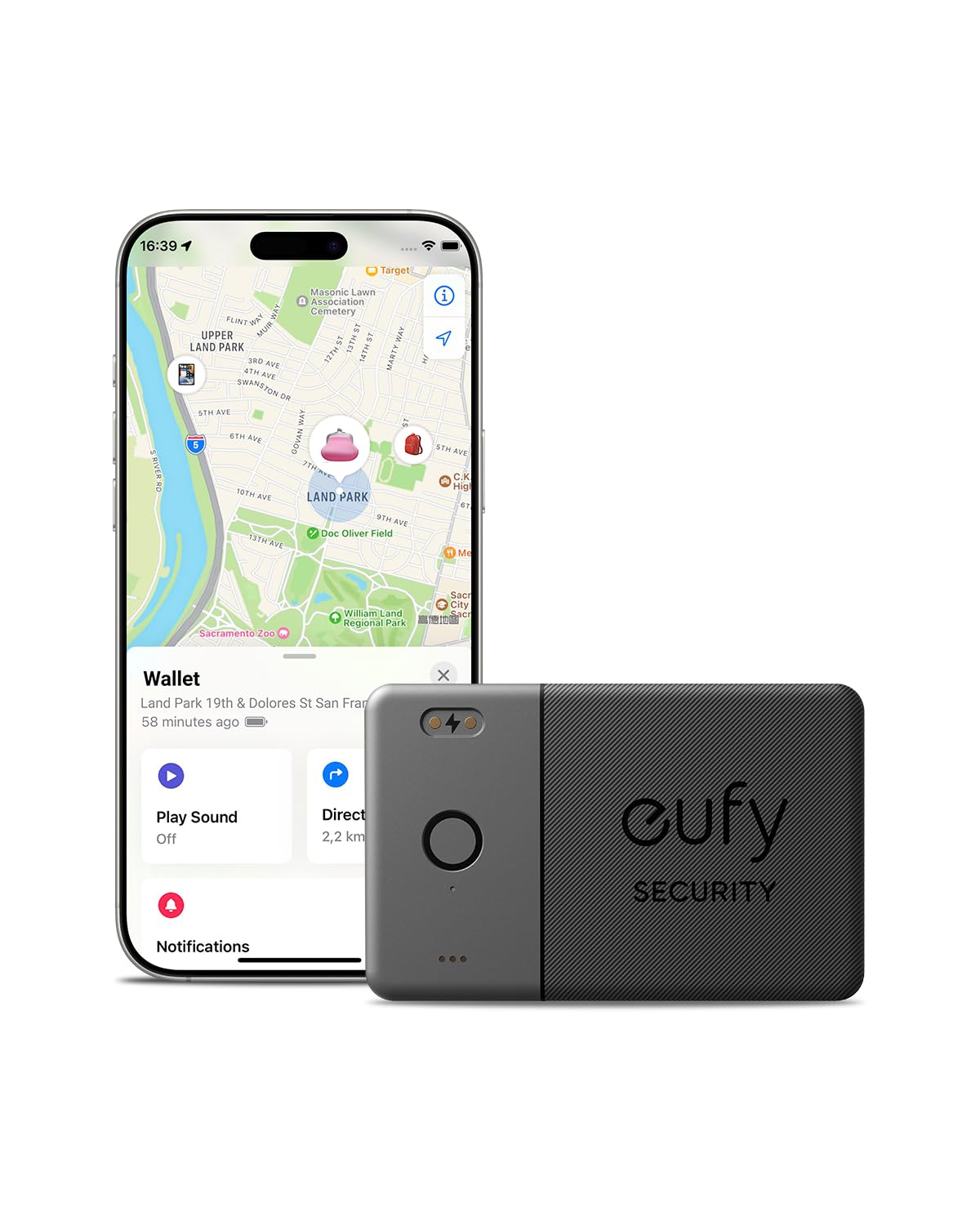 eufy Security SmartTrack Card E30 in a passport holder, ideal for travel safety