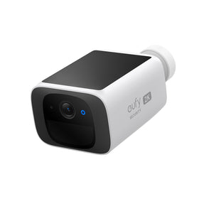 eufy Security SoloCam S220 front view showing camera lens and solar panel benefit continuous monitoring