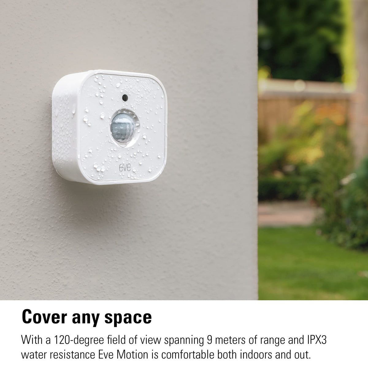 Eve Motion beside a keyring showing scale and unobtrusive home integration benefit