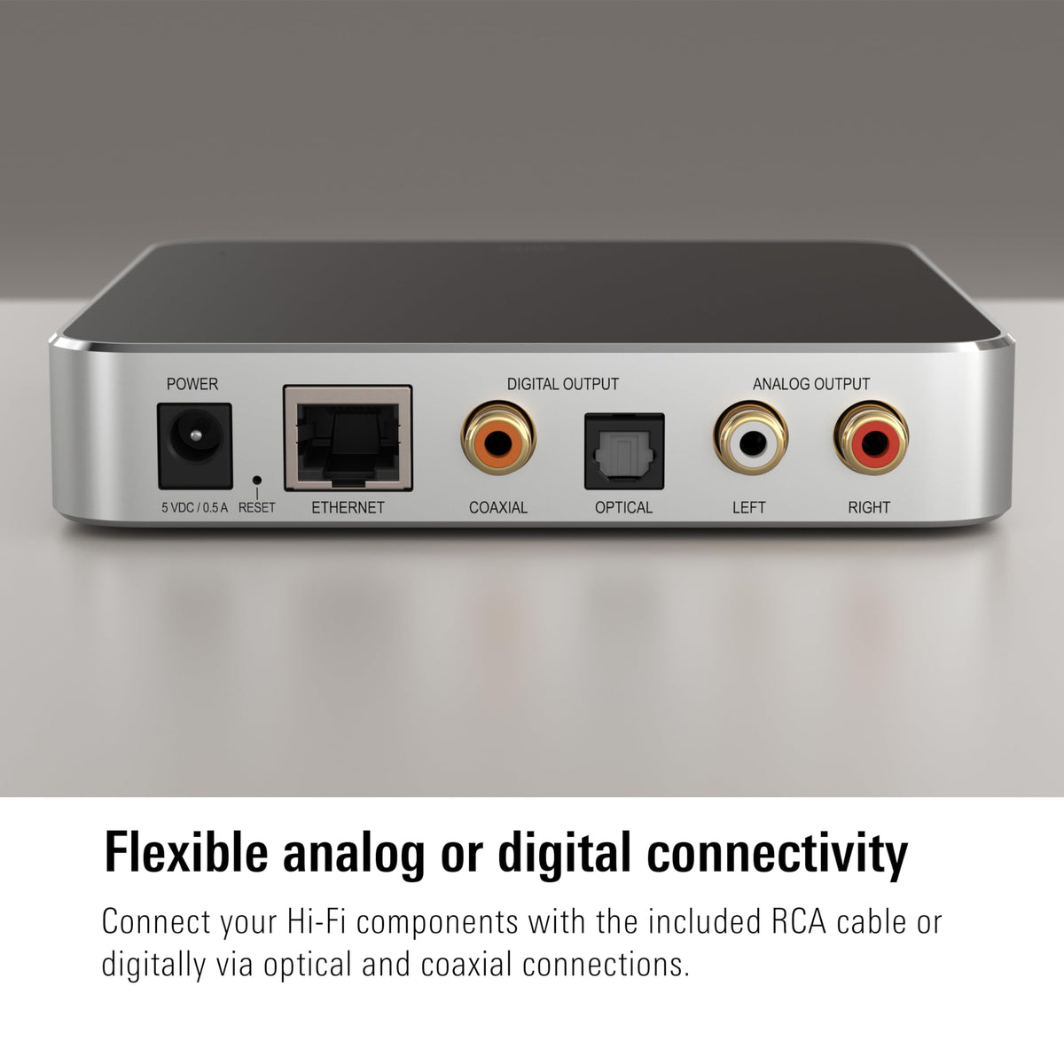 Eve Play RCA, optical, and coaxial ports enable flexible connections.