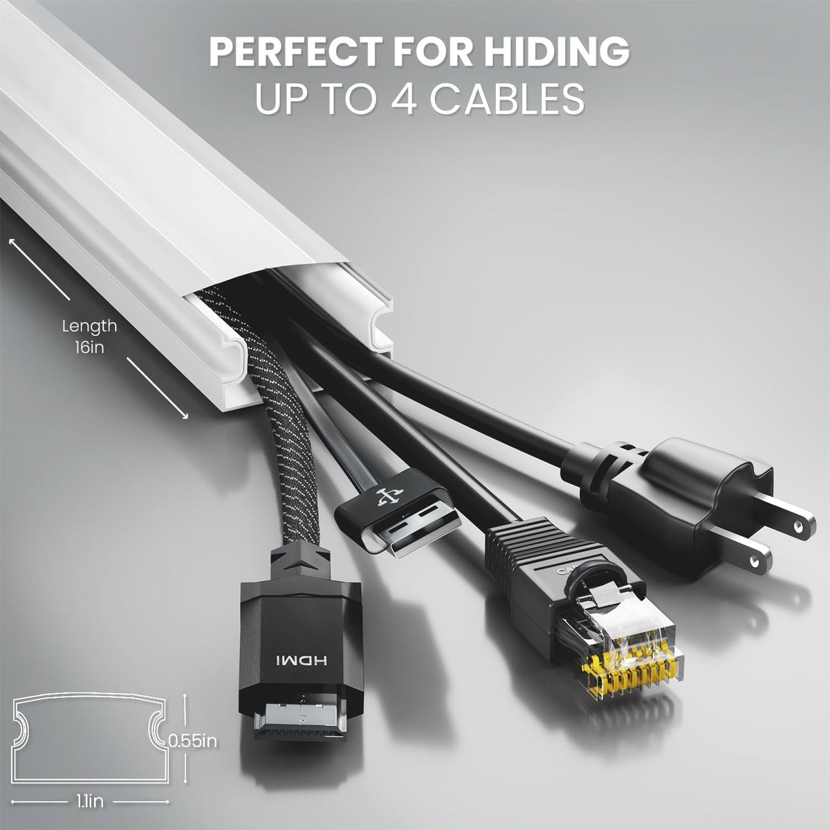 EVEO cord cover mounted behind a wall TV, creates a streamlined entertainment area