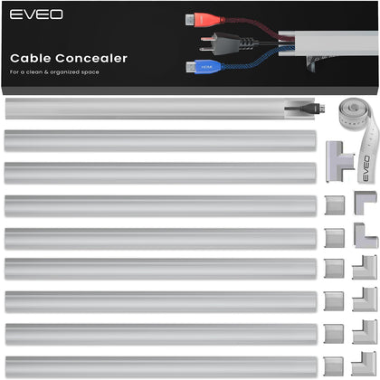 EVEO cord covers on a wall hiding a TV setup for a neat look.