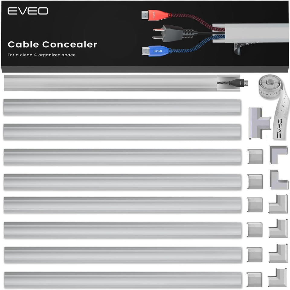 EVEO cord covers on a wall hiding a TV setup for a neat look.
