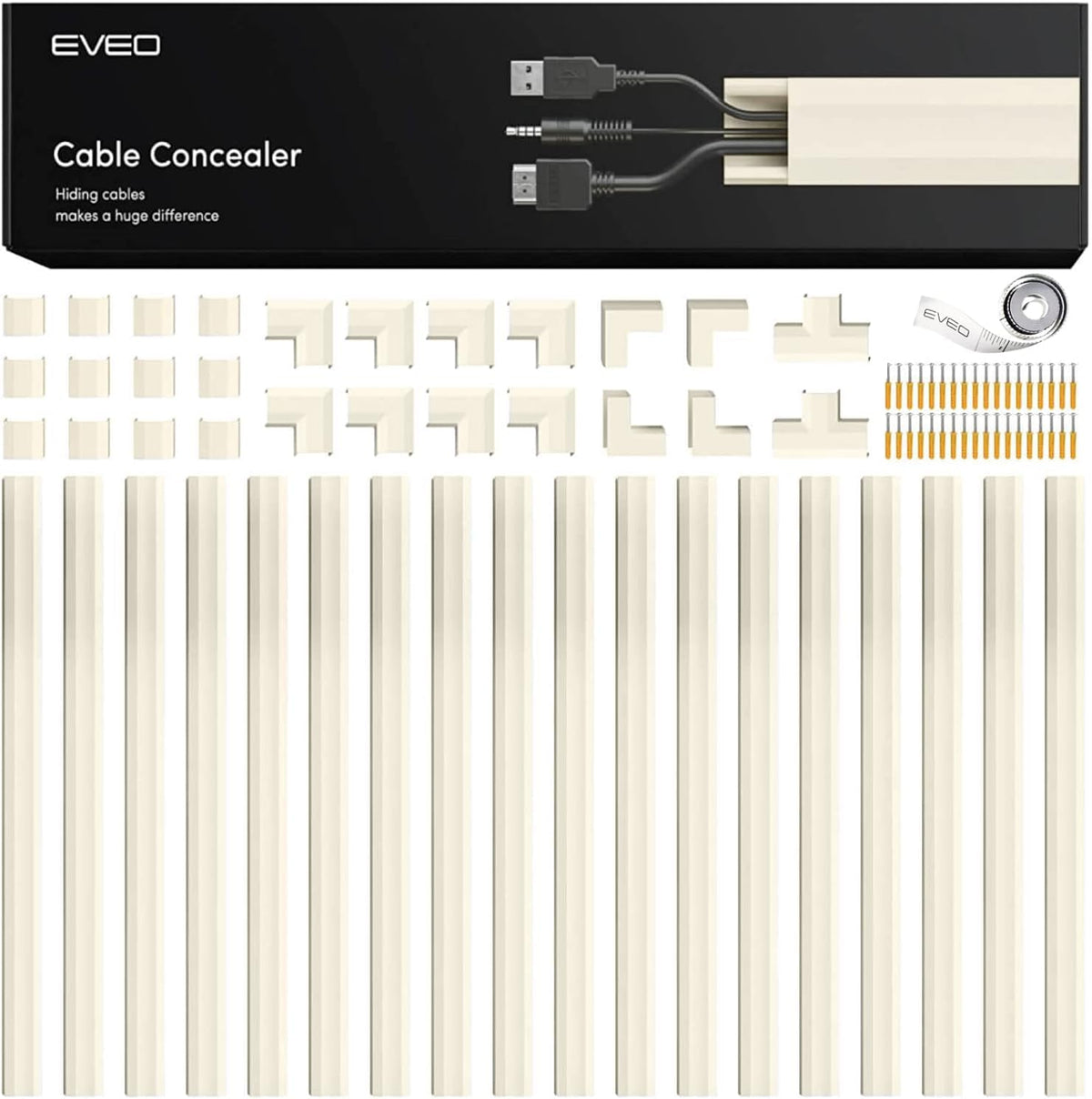 EVEO front package showing full cord hider kit and components for tidy cable management