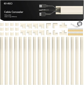 EVEO front package showing full cord hider kit and components for tidy cable management