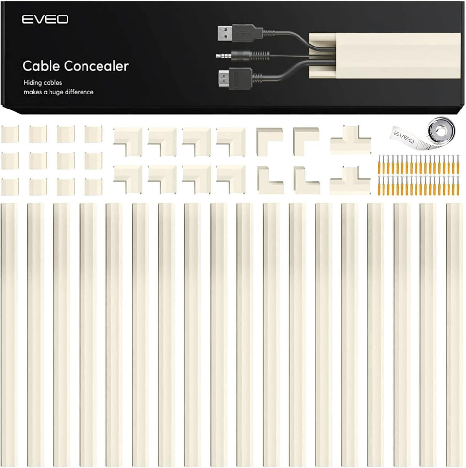 EVEO front package showing full cord hider kit and components for tidy cable management