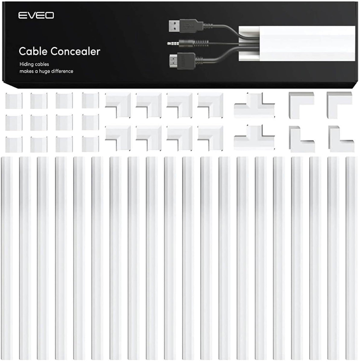 EVEO front packaging showing full cord hider kit and components for neat installs