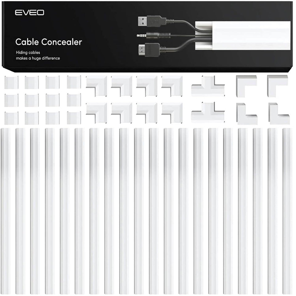 EVEO front packaging showing full cord hider kit and components for neat installs
