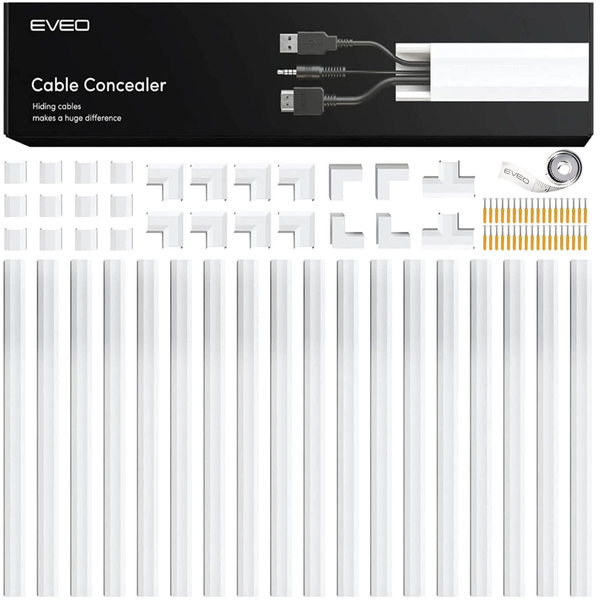 EVEO front packaging showing full 306-inch cord cover kit and contents