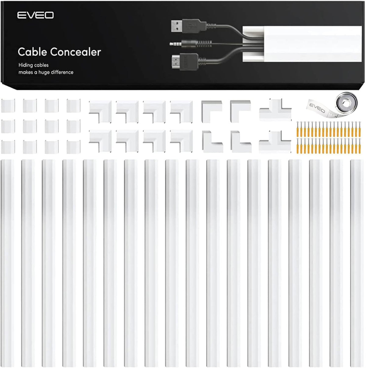 EVEO front packaging showing kit contents and neat cable benefit