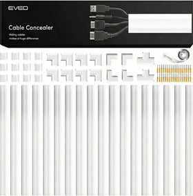 EVEO front packaging showing full 300in cable hider kit, neat storage benefit