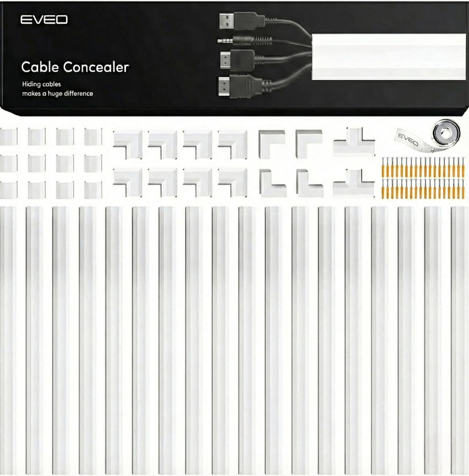 EVEO front packaging showing full 300in cable hider kit, neat storage benefit