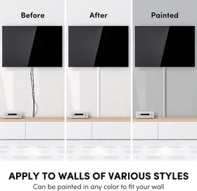 EVEO raceway installed behind wall-mounted TV for clean appearance