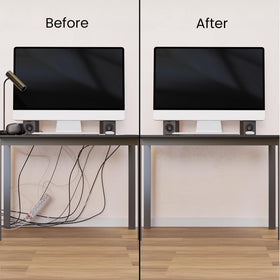 EVEO installed under desk demonstrating neat cable concealment and safety