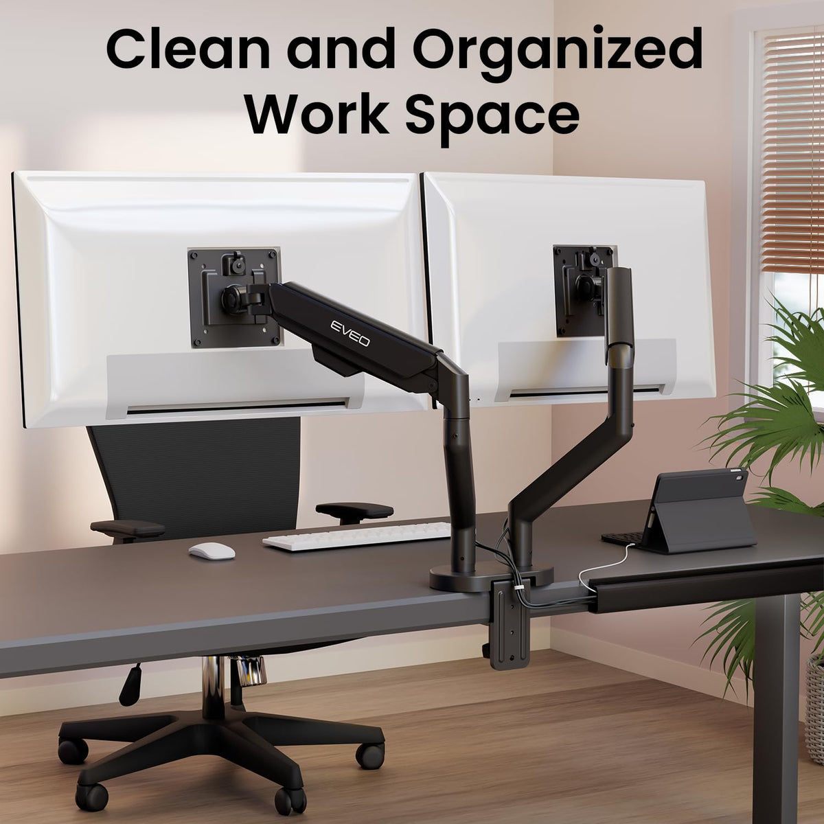 EVEO lifestyle desk setup with hidden wires creating a clutter-free workspace