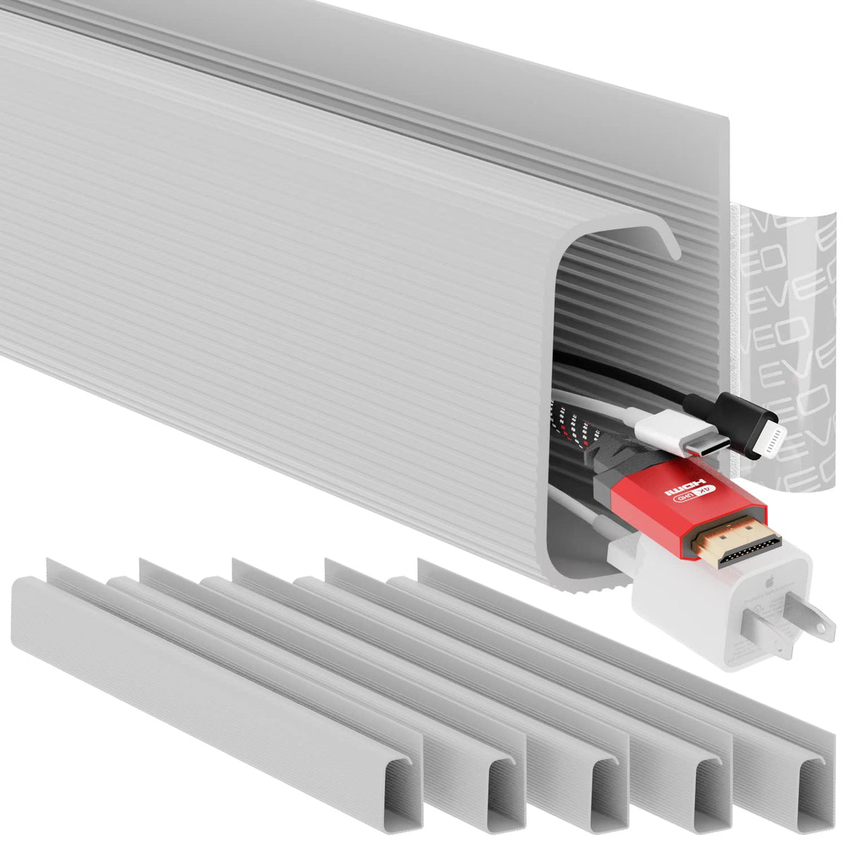 EVEO under-desk cable management kit installed under a tidy desk for safer cords.
